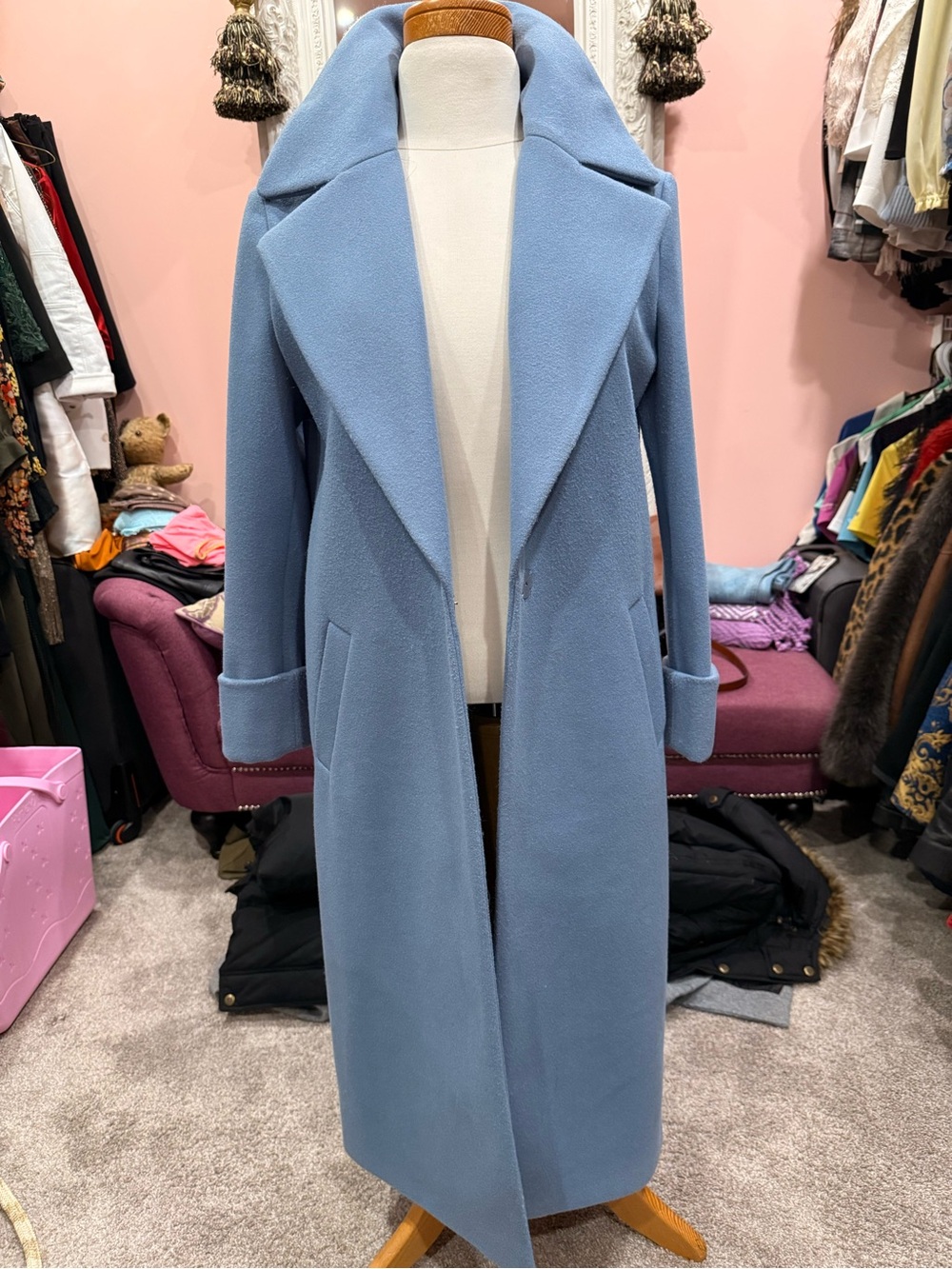 River Island Pale Blue Long Wool-Blend Trench Coat